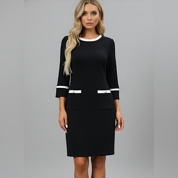 Black Two-Tone Trim Fitted Dress - Picture 1 of 9